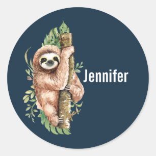 Cute Watercolor Sloth & Tropical Leaves Classic Round Sticker