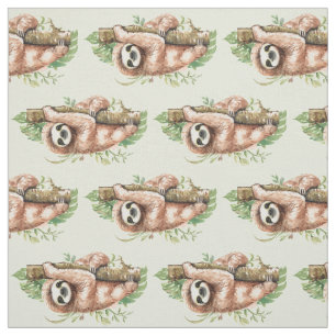 Cute Watercolor Sloth & Tropical Leaves Fabric