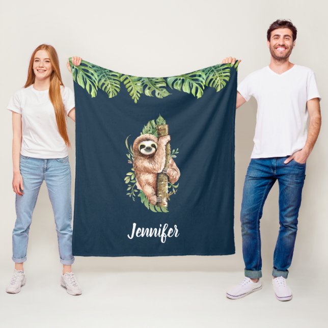 Cute Watercolor Sloth & Tropical Leaves Fleece Blanket (In Situ)