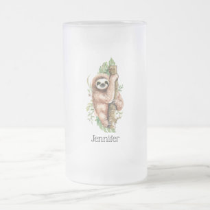 Cute Watercolor Sloth & Tropical Leaves Frosted Glass Beer Mug