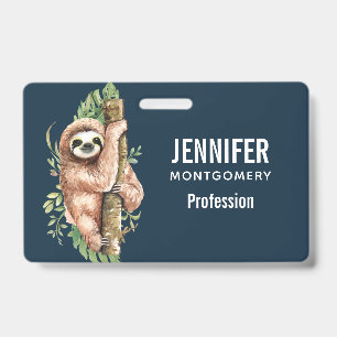 Cute Watercolor Sloth & Tropical Leaves ID Badge