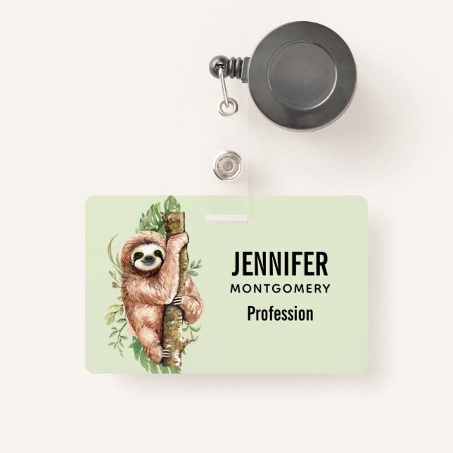 Cute Watercolor Sloth & Tropical Leaves ID Badge (Front with Retractable)