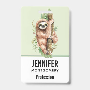 Cute Watercolor Sloth & Tropical Leaves ID Badge