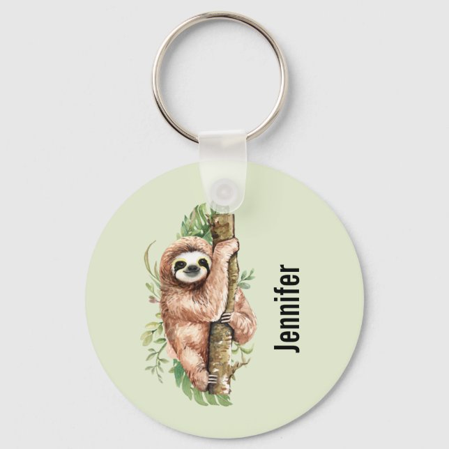 Cute Watercolor Sloth & Tropical Leaves Key Ring (Front)
