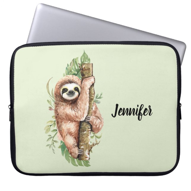 Cute Watercolor Sloth & Tropical Leaves Laptop Sleeve (Front)