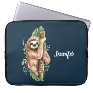 Cute Watercolor Sloth & Tropical Leaves Laptop Sleeve