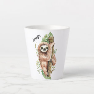 Cute Watercolor Sloth & Tropical Leaves Latte Mug