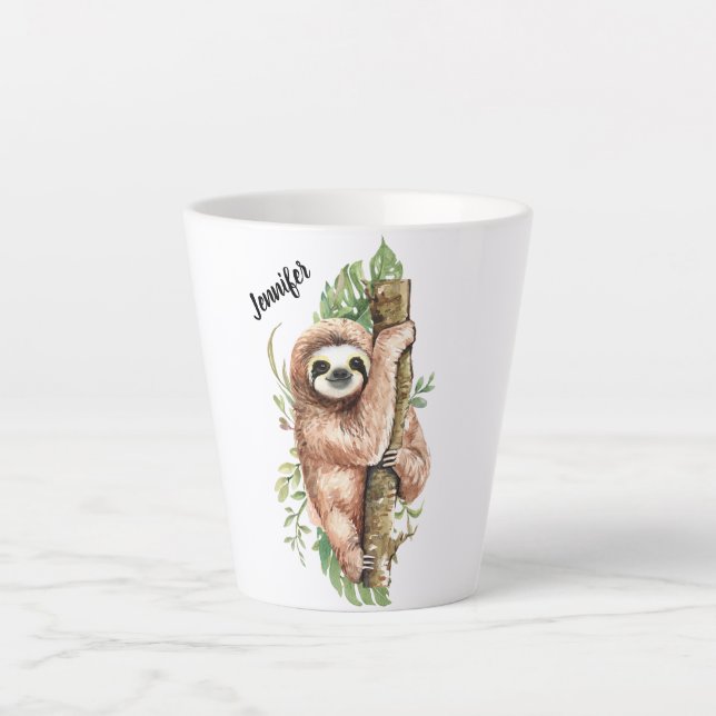 Cute Watercolor Sloth & Tropical Leaves Latte Mug (Front)