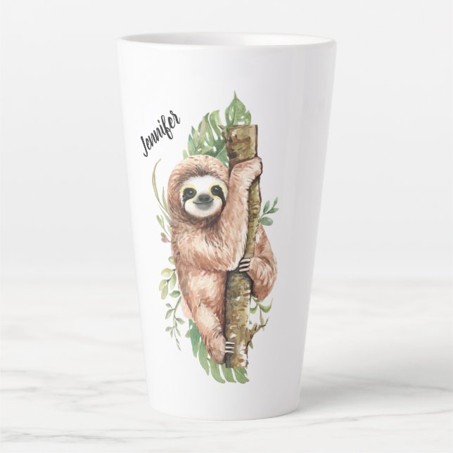 Cute Watercolor Sloth & Tropical Leaves Latte Mug (Front)