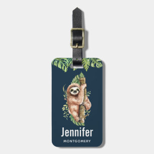 Cute Watercolor Sloth & Tropical Leaves Luggage Tag