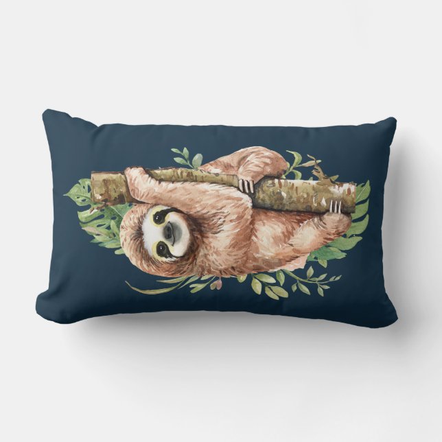 Cute Watercolor Sloth & Tropical Leaves Lumbar Cushion (Front)