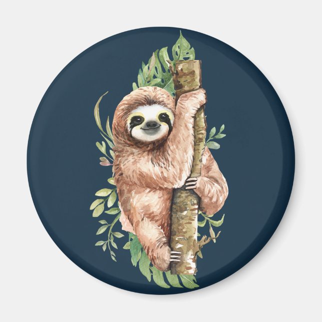 Cute Watercolor Sloth & Tropical Leaves Magnet (Front)