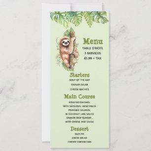 Cute Watercolor Sloth & Tropical Leaves Menu Invitation
