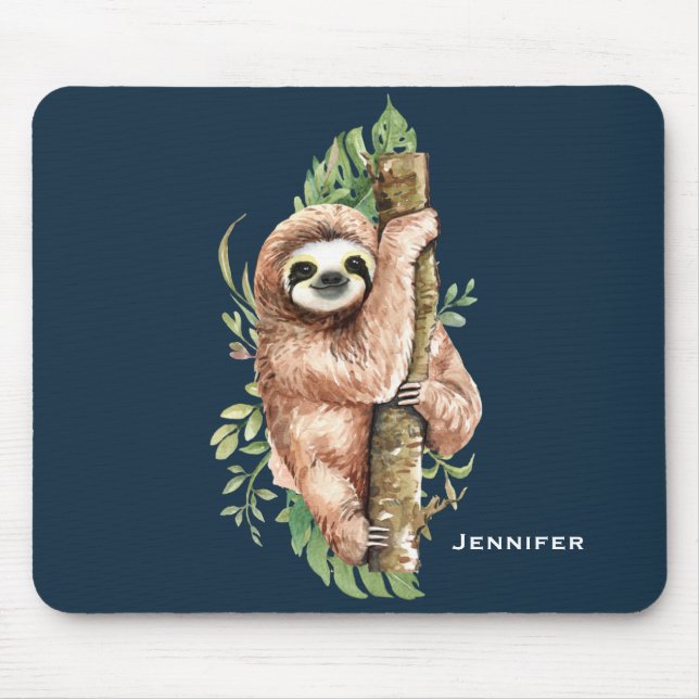 Cute Watercolor Sloth & Tropical Leaves Mouse Mat (Front)