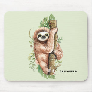 Cute Watercolor Sloth & Tropical Leaves Mouse Mat