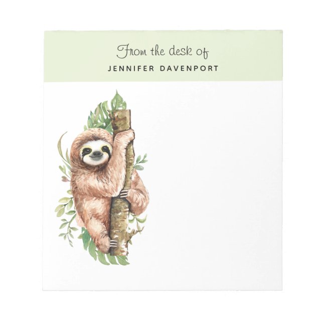 Cute Watercolor Sloth & Tropical Leaves Notepad (Front)