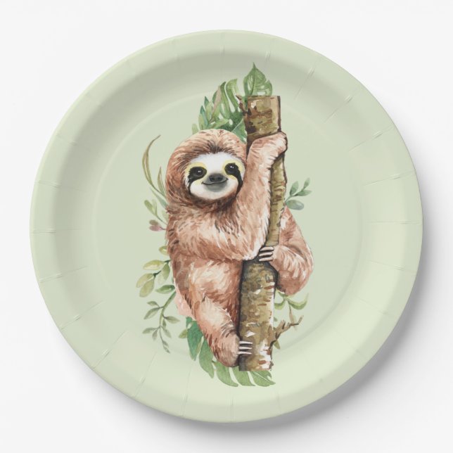 Cute Watercolor Sloth & Tropical Leaves Paper Plate (Front)