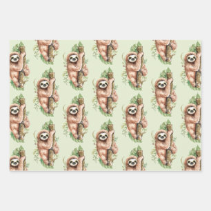Cute Watercolor Sloth & Tropical Leaves Pattern Wrapping Paper Sheet
