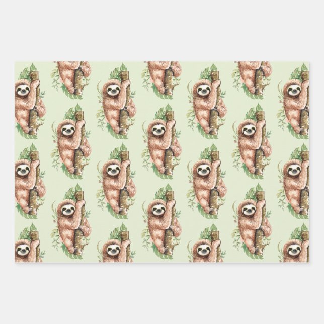 Cute Watercolor Sloth & Tropical Leaves Pattern Wrapping Paper Sheet (Front)