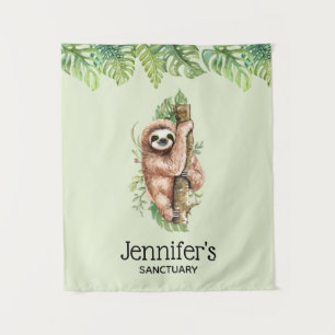 Cute Watercolor Sloth & Tropical Leaves Sanctuary Tapestry