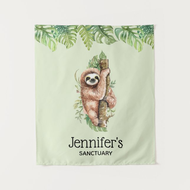 Cute Watercolor Sloth & Tropical Leaves Sanctuary Tapestry (Front)