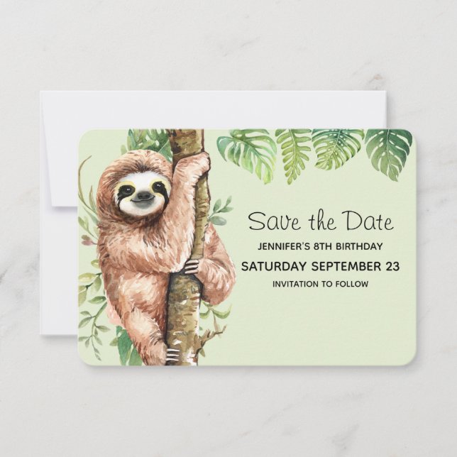 Cute Watercolor Sloth & Tropical Leaves Save The Date (Front)