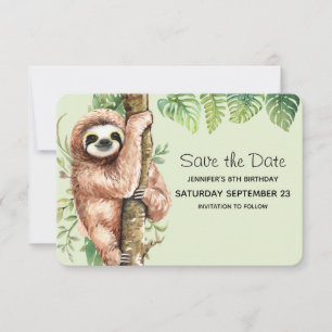 Cute Watercolor Sloth & Tropical Leaves Save The Date