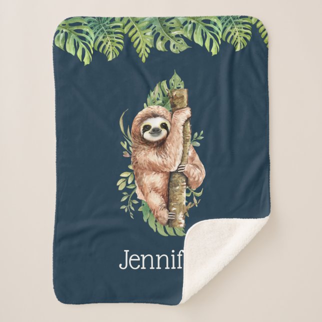 Cute Watercolor Sloth & Tropical Leaves Sherpa Blanket (Front)