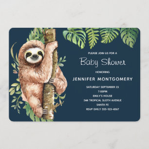 Cute Watercolor Sloth & Tropical Leaves Shower Invitation
