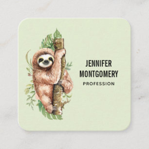 Cute Watercolor Sloth & Tropical Leaves Square Business Card