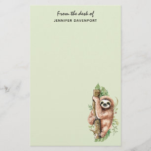 Cute Watercolor Sloth & Tropical Leaves Stationery