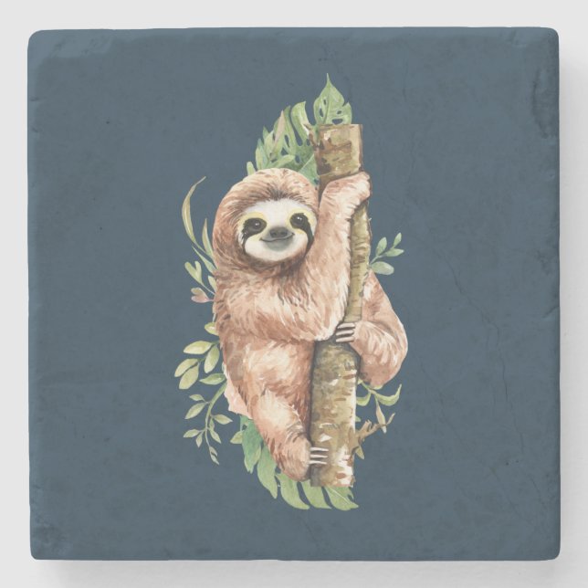 Cute Watercolor Sloth & Tropical Leaves Stone Coaster (Front)