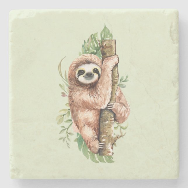 Cute Watercolor Sloth & Tropical Leaves Stone Coaster (Front)