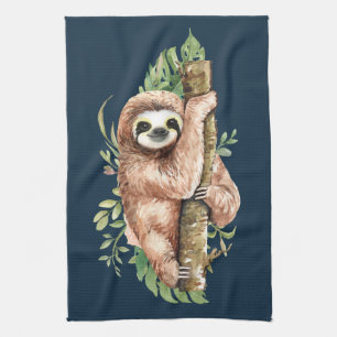 Cute Watercolor Sloth & Tropical Leaves Tea Towel