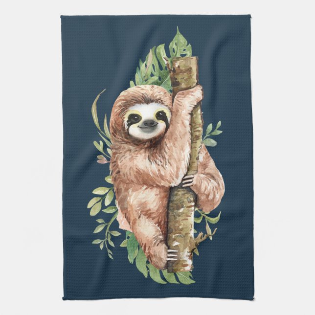 Cute Watercolor Sloth & Tropical Leaves Tea Towel (Vertical)