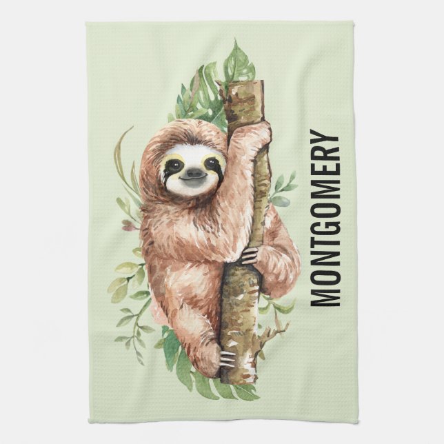 Cute Watercolor Sloth & Tropical Leaves Tea Towel (Vertical)