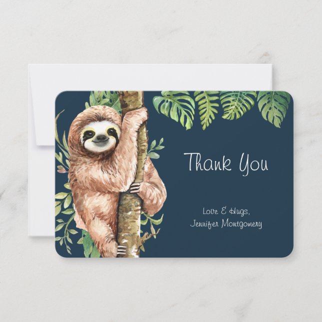 Cute Watercolor Sloth & Tropical Leaves Thank You Card (Front)
