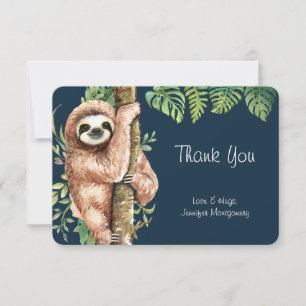 Cute Watercolor Sloth & Tropical Leaves Thank You Card