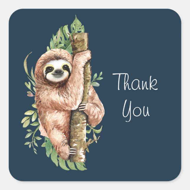 Cute Watercolor Sloth & Tropical Leaves Thank You Square Sticker (Front)