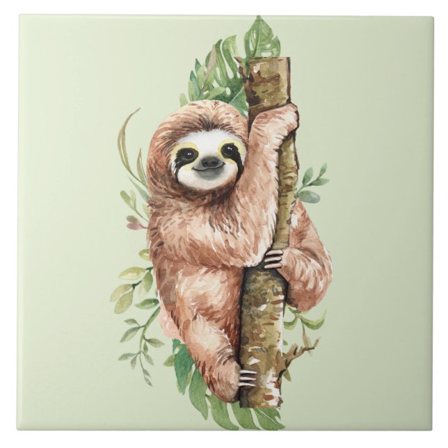 Cute Watercolor Sloth & Tropical Leaves Tile (Front)