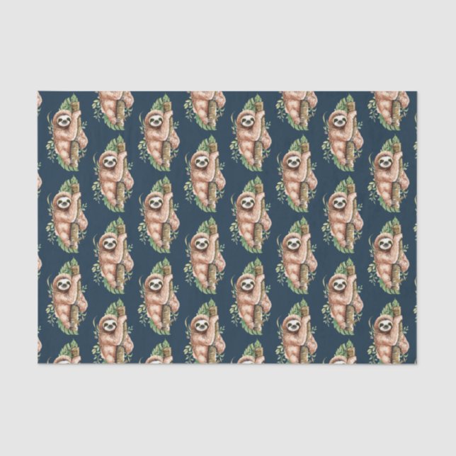 Cute Watercolor Sloth & Tropical Leaves Tissue Paper (Front)