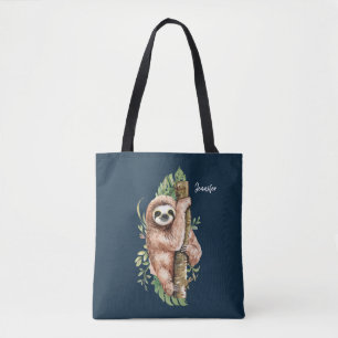 Cute Watercolor Sloth & Tropical Leaves Tote Bag