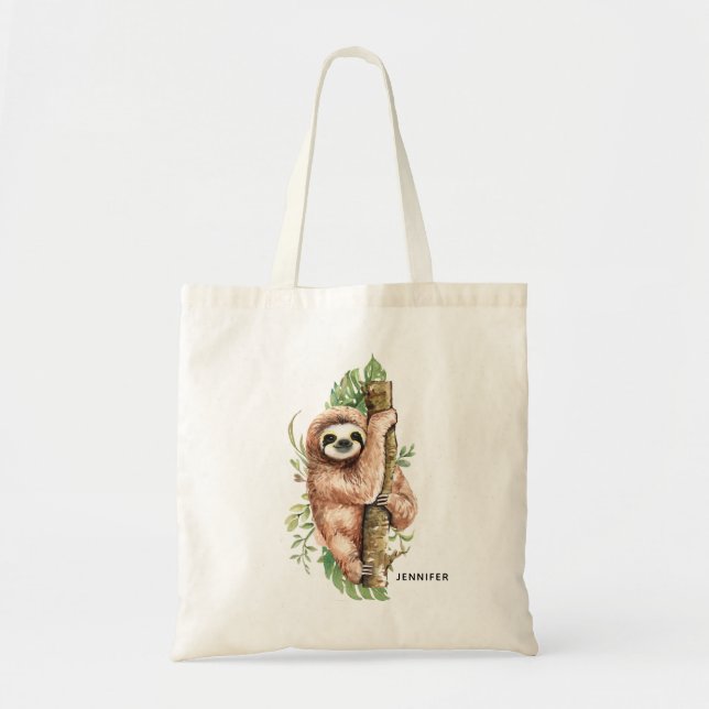 Cute Watercolor Sloth & Tropical Leaves Tote Bag (Front)