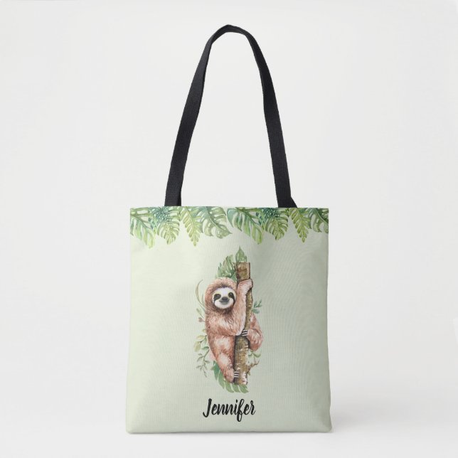 Cute Watercolor Sloth & Tropical Leaves Tote Bag (Front)