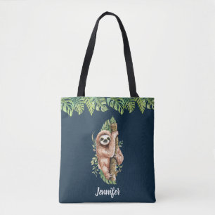 Cute Watercolor Sloth & Tropical Leaves Tote Bag