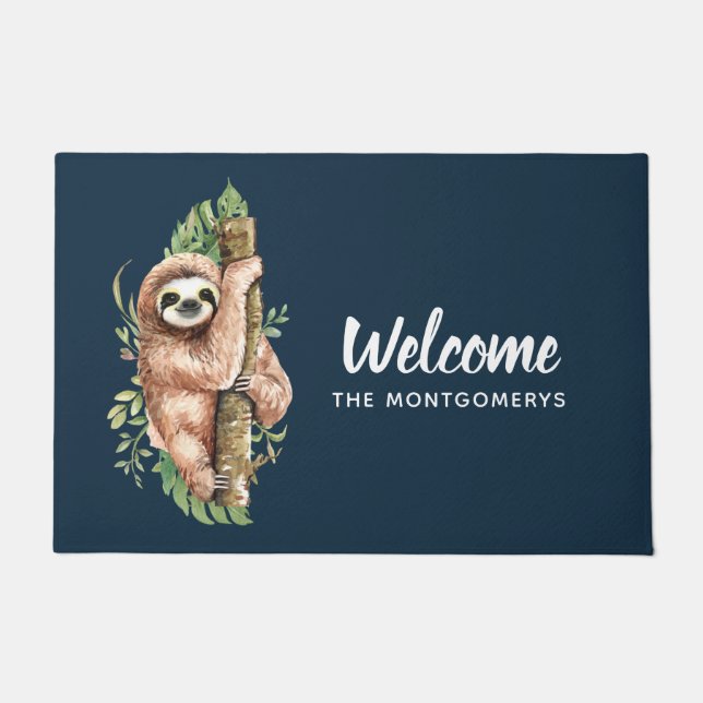 Cute Watercolor Sloth & Tropical Leaves Welcome Doormat (Front)