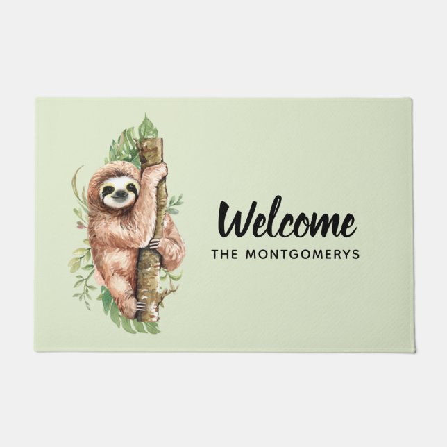 Cute Watercolor Sloth & Tropical Leaves Welcome Doormat (Front)