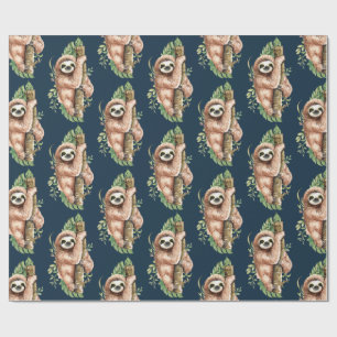 Cute Watercolor Sloth & Tropical Leaves Wrapping Paper