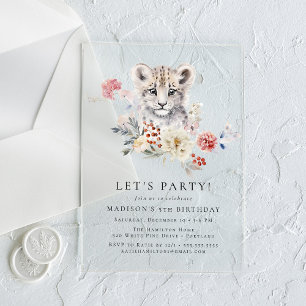 Cute Watercolor Snow Leopard Winter Birthday Party Acrylic Invitations