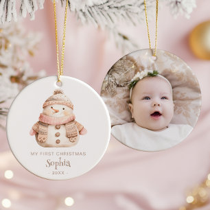 Cute Watercolor Snowman Baby's 1st Christmas Photo Ceramic Tree Decoration